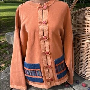 Orange Button-Front Women's Sweatshirt Jacket with Blue Accent Pockets